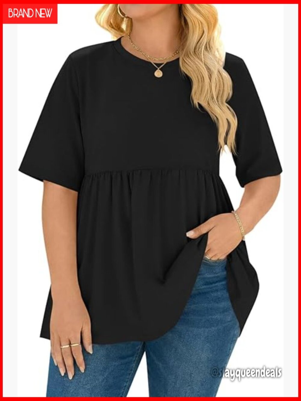 Plus Size Babydoll Top Short Sleeve Crew Neck Peplum Tunics Blouse